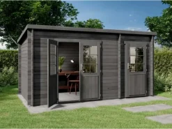 Alpholz Gartenlauben|Gartenhaus Maria 450 x 250 cm mit Anbau aus Holz mit 40 mm Wandstärke in Grau