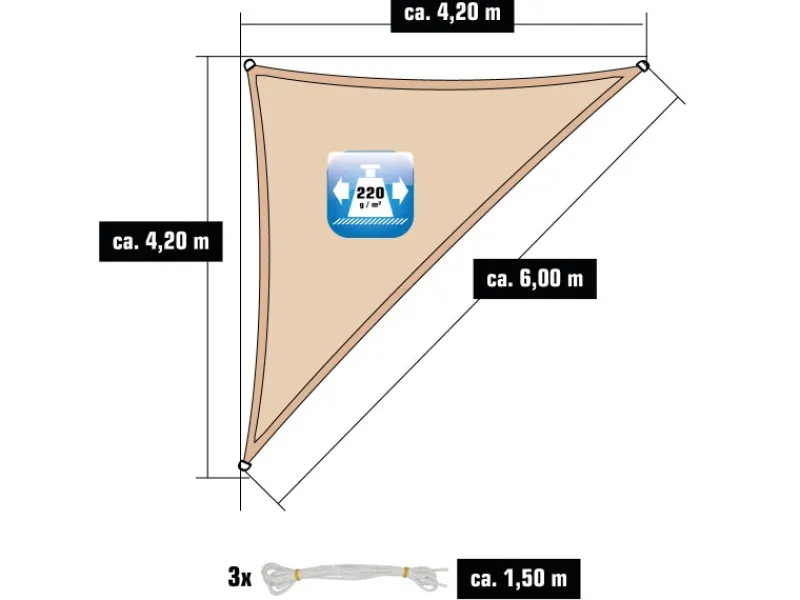 HDPE Sonnensegel - 4,2 x 4,2 x 6 m Dreieck Beige*AMANKA Online