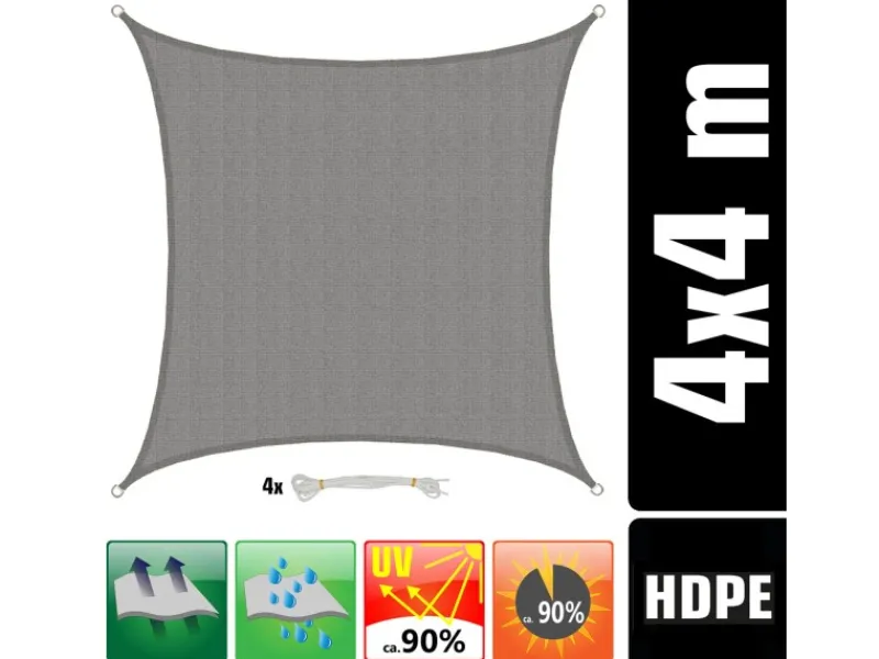 HDPE Sonnensegel Wasserdurchlässig - 4 x 4 m Quadratisch Grau*AMANKA Discount