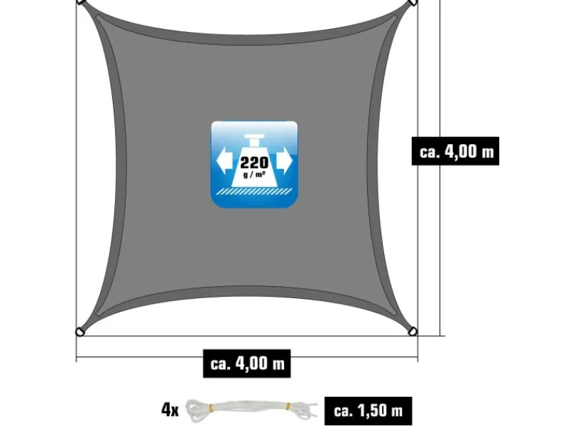 HDPE Sonnensegel Wasserdurchlässig - 4 x 4 m Quadratisch Grau*AMANKA Discount