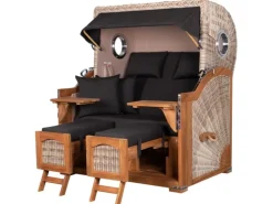 bene living Strandkorb Komplettset Ammersee Grande XL Teak Bullauge PE Shell Modell 548 Inkl Liftersystem Schutzhülle Doppelrollen Glasbecherhalter* Sale