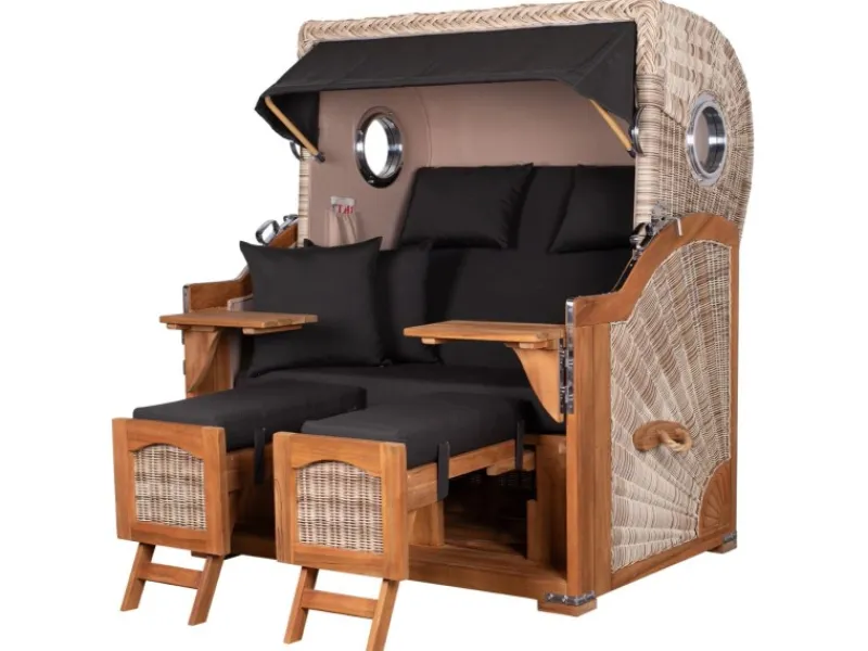 bene living Strandkorb Komplettset Ammersee Grande XL Teak Bullauge PE Shell Modell 548 Inkl Liftersystem Schutzhülle Doppelrollen Glasbecherhalter* Sale