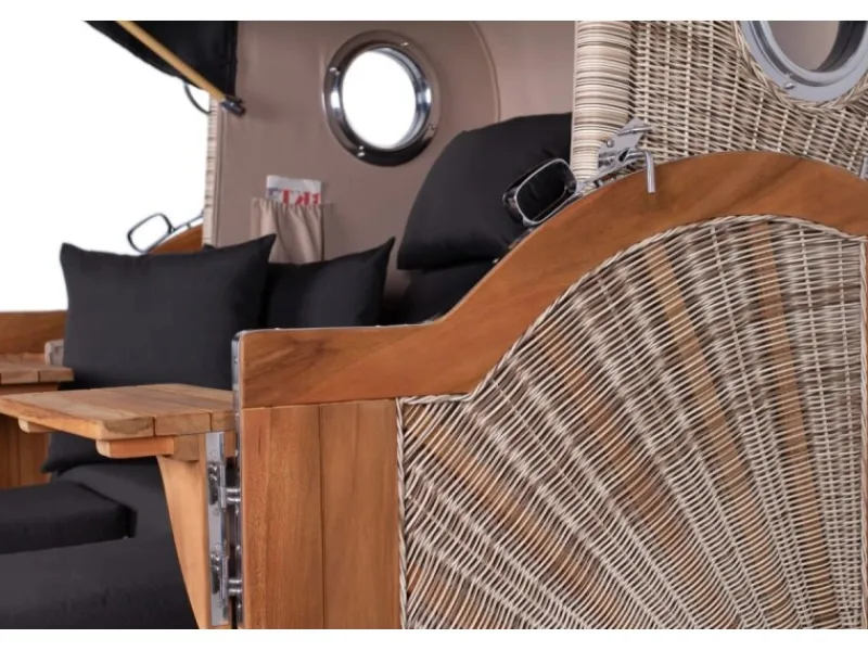 bene living Strandkorb Komplettset Ammersee Grande XL Teak Bullauge PE Shell Modell 548 Inkl Liftersystem Schutzhülle Doppelrollen Glasbecherhalter* Sale
