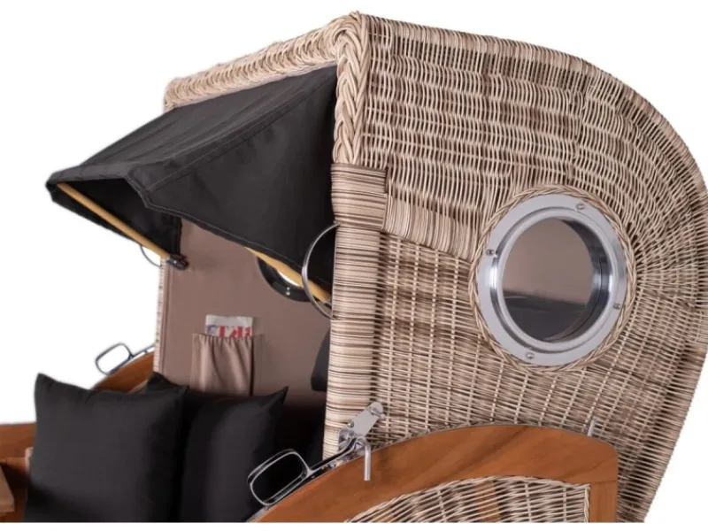 bene living Strandkorb Komplettset Ammersee Grande XL Teak Bullauge PE Shell Modell 548 Inkl Liftersystem Schutzhülle Doppelrollen Glasbecherhalter* Sale