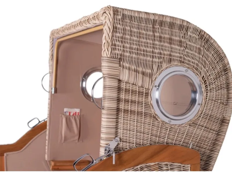 bene living Strandkorb Komplettset Ammersee Grande XL Teak Bullauge PE Shell Modell 548 Inkl Liftersystem Schutzhülle Doppelrollen Glasbecherhalter* Sale