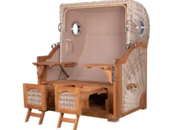 bene living Strandkorb Komplettset Ammersee Grande XL Teak Bullauge PE Shell Modell 548 Inkl Liftersystem Schutzhülle Doppelrollen Glasbecherhalter* Sale