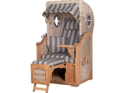 Strandkörbe|bene living Strandkorb Komplettset Ammersee Single Teak Bullauge PE Shell Modell 537 Inkl Liftersystem Schutzhülle Doppelrollen Glasbecherhalter