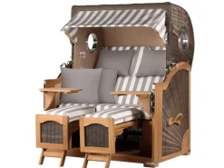 Strandkörbe|bene living Strandkorb Komplettset Ammersee Grande XL Teak Bullauge PE Grau Modell 513 Inkl Liftersystem Schutzhülle Doppelrollen Glasbecherhalter