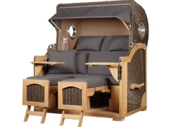 Strandkörbe|bene living Strandkorb Komplettset Ammersee Grande XL Teak Bullauge PE Grau Modell 551 Inkl Liftersystem Schutzhülle Doppelrollen Glasbecherhalter