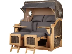 Strandkörbe|bene living Strandkorb Komplettset Ammersee Grande XL Teak Bullauge PE Grau Modell 551 Inkl Liftersystem Schutzhülle Doppelrollen Glasbecherhalter