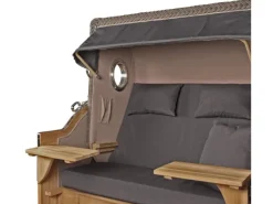 Strandkörbe|bene living Strandkorb Komplettset Ammersee Grande XL Teak Bullauge PE Grau Modell 551 Inkl Liftersystem Schutzhülle Doppelrollen Glasbecherhalter