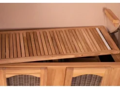 Strandkörbe|bene living Strandkorb Komplettset Ammersee Grande XL Teak Bullauge PE Grau Modell 551 Inkl Liftersystem Schutzhülle Doppelrollen Glasbecherhalter