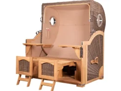 Strandkörbe|bene living Strandkorb Komplettset Ammersee Grande XL Teak Bullauge PE Grau Modell 551 Inkl Liftersystem Schutzhülle Doppelrollen Glasbecherhalter