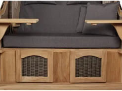 Strandkörbe|bene living Strandkorb Komplettset Ammersee Grande XL Teak Bullauge PE Grau Modell 551 Inkl Liftersystem Schutzhülle Doppelrollen Glasbecherhalter