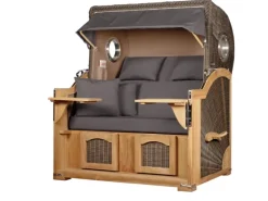 Strandkörbe|bene living Strandkorb Komplettset Ammersee Grande XL Teak Bullauge PE Grau Modell 551 Inkl Liftersystem Schutzhülle Doppelrollen Glasbecherhalter