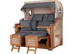 Strandkörbe|bene living Strandkorb Komplettset Ammersee Grande XL Teak Bullauge PE Shell Modell 500 Inkl Liftersystem Schutzhülle Doppelrollen Glasbecherhalter