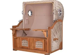 Strandkörbe|bene living Strandkorb Komplettset Ammersee Grande XL Teak Bullauge PE Shell Modell 500 Inkl Liftersystem Schutzhülle Doppelrollen Glasbecherhalter
