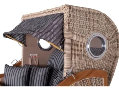 Strandkörbe|bene living Strandkorb Komplettset Ammersee Grande XL Teak Bullauge PE Shell Modell 500 Inkl Liftersystem Schutzhülle Doppelrollen Glasbecherhalter