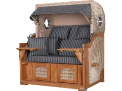 Strandkörbe|bene living Strandkorb Komplettset Ammersee Grande XL Teak Bullauge PE Shell Modell 500 Inkl Liftersystem Schutzhülle Doppelrollen Glasbecherhalter