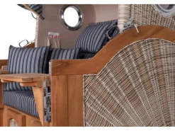 Strandkörbe|bene living Strandkorb Komplettset Ammersee Grande XL Teak Bullauge PE Shell Modell 500 Inkl Liftersystem Schutzhülle Doppelrollen Glasbecherhalter