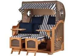 Strandkörbe|bene living Strandkorb Komplettset Ammersee Grande XL Teak Bullauge PE Grau Modell 518 Inkl Liftersystem Schutzhülle Doppelrollen Glasbecherhalter