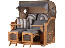 Strandkörbe|bene living Strandkorb Komplettset Ammersee Grande XL Teak Bullauge PE Grau Modell 544 Inkl Liftersystem Schutzhülle Doppelrollen Glasbecherhalter