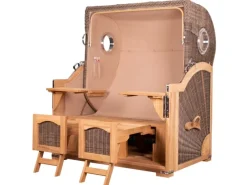 Strandkörbe|bene living Strandkorb Komplettset Ammersee Grande XL Teak Bullauge PE Grau Modell 544 Inkl Liftersystem Schutzhülle Doppelrollen Glasbecherhalter