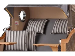 Strandkörbe|bene living Strandkorb Komplettset Ammersee Grande XL Teak Bullauge PE Grau Modell 544 Inkl Liftersystem Schutzhülle Doppelrollen Glasbecherhalter