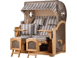 bene living Strandkorb Komplettset Ammersee Teak Bullauge PE Grau Modell 537* Hot