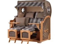bene living Strandkorb Komplettset Ammersee Grande XL Teak Bullauge PE Grau Modell 522 Inkl Liftersystem Schutzhülle Doppelrollen Glasbecherhalter* Hot