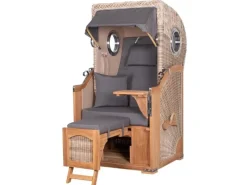 Strandkörbe|bene living Strandkorb Komplettset Ammersee Single Teak Bullauge PE Shell Modell 551 Inkl Liftersystem Schutzhülle Doppelrollen Glasbecherhalter