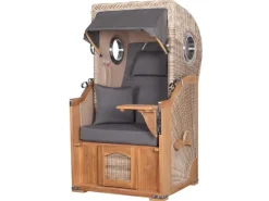 Strandkörbe|bene living Strandkorb Komplettset Ammersee Single Teak Bullauge PE Shell Modell 551 Inkl Liftersystem Schutzhülle Doppelrollen Glasbecherhalter