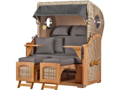 bene living Strandkorb Komplettset Ammersee Teak Bullauge PE Shell Modell 551* Best