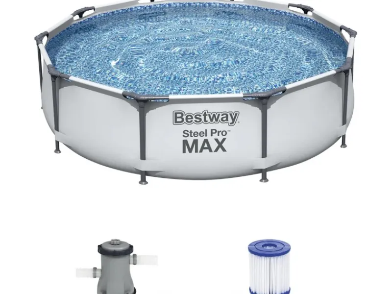 Stahlrahmen-Pool Set Steel Pro Max Frame Ø 305 x 76 cm Rund Lichtgrau*Bestway Discount