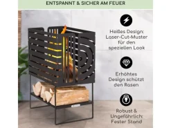 Feuerkörbe|Feuerschalen|Blumfeldt Krakatoa Feuerkorb Solider Stahl Holzablage Laser-Cut-Design Schwarz