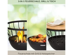 Feuerschalen|Blumfeldt Nantai 3-in-1-Feuerschale Grill Ø 50 cm Tisch Ø 66 cm Stahl Bambus Schwarz