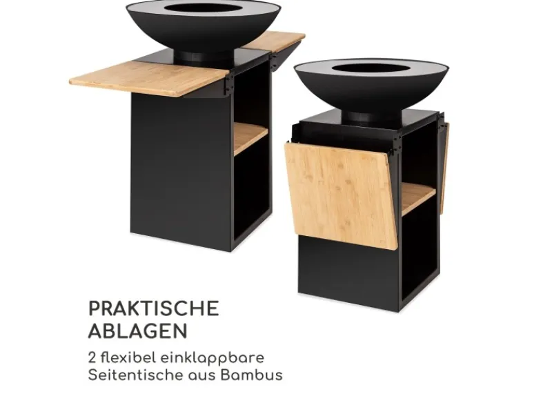 Feuerschalen|Blumfeldt Savage 2.0 Tall Feuerschale mit Grill Bambus-Seitentische Wetterschutz