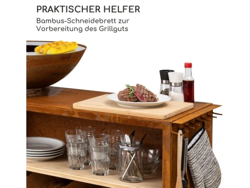 Feuerschalen|Blumfeldt Savage 2.0 Wide Feuerschale Grill Bambus-Schneidebrett Wetterschutz Braun