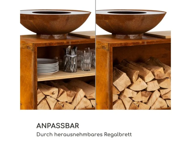 Feuerschalen|Blumfeldt Savage 2.0 Wide Feuerschale Grill Bambus-Schneidebrett Wetterschutz Braun