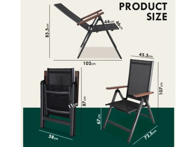 CCLIFE Gartenstühle|Gartenstühle Alu 2er Set Gartenstuhl Hochlehner Klappbar Balkonstühle 7-Fach Verstellbar bis 150kg Dunkelgrau Modell Holzmaserung RelaxPro