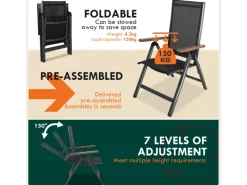 CCLIFE Gartenstühle|Gartenstühle Alu 2er Set Gartenstuhl Hochlehner Klappbar Balkonstühle 7-Fach Verstellbar bis 150kg Dunkelgrau Modell Holzmaserung RelaxPro