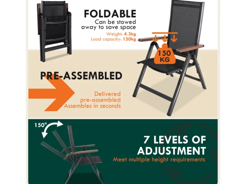 CCLIFE Gartenstühle|Gartenstühle Alu 2er Set Gartenstuhl Hochlehner Klappbar Balkonstühle 7-Fach Verstellbar bis 150kg Dunkelgrau Modell Holzmaserung RelaxPro