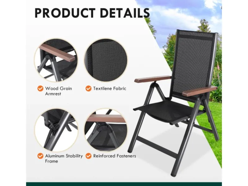 CCLIFE Gartenstühle|Gartenstühle Alu 2er Set Gartenstuhl Hochlehner Klappbar Balkonstühle 7-Fach Verstellbar bis 150kg Dunkelgrau Modell Holzmaserung RelaxPro