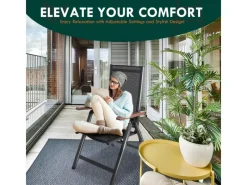 CCLIFE Gartenstühle|Gartenstühle Alu 2er Set Gartenstuhl Hochlehner Klappbar Balkonstühle 7-Fach Verstellbar bis 150kg Dunkelgrau Modell Holzmaserung RelaxPro