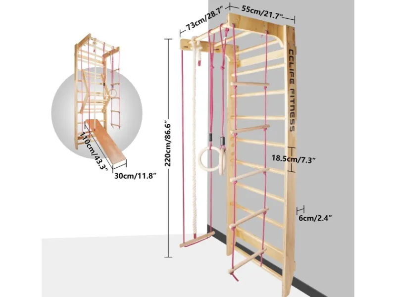 Sprossenwand Turnwand Gym Klettergerüst Holz Sportgerät mit Stange Fitness Kinder Erwachsene*CCLIFE