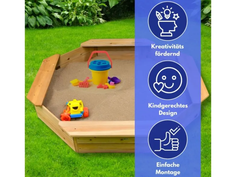Kinder Gartenmöbel Für Kinder|Coemo 6 Eckiger Sandkasten Sally aus Holz Inklusive Bodenplane 135x135x20 cm