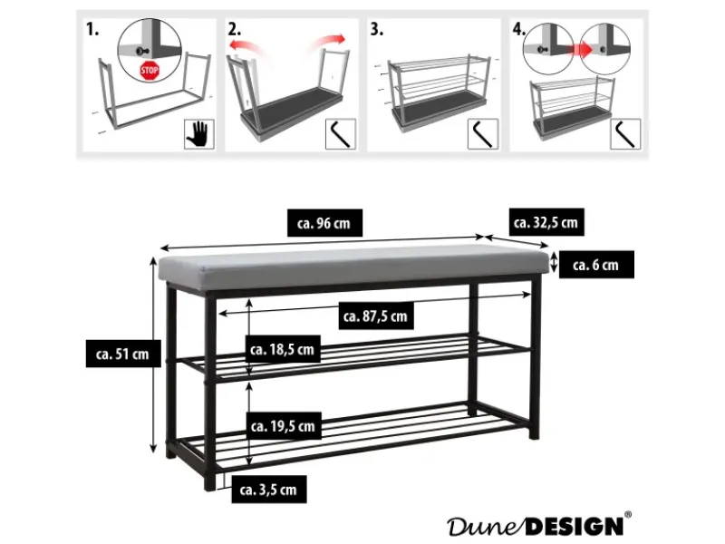 Schuhregal mit Sitzbank 95 x 33 x 52 cm Hellgrau*DuneDesign Sale