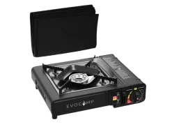 EVOCAMP Campingzubehör|Camping Gaskocher 1-Flammig mit Feuerfester Unterlage und Tragekoffer Outdoor
