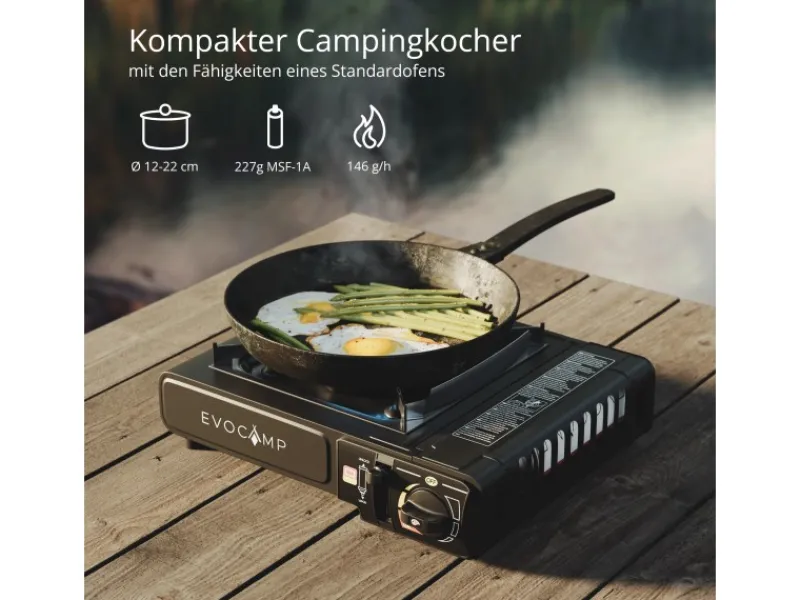 EVOCAMP Campingzubehör|Camping Gaskocher 1-Flammig mit Feuerfester Unterlage und Tragekoffer Outdoor