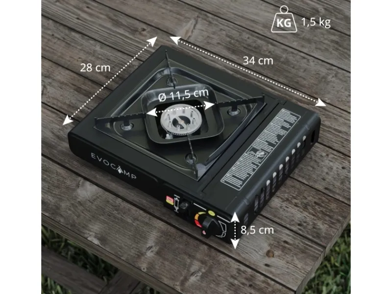 EVOCAMP Campingzubehör|Camping Gaskocher 1-Flammig mit Feuerfester Unterlage und Tragekoffer Outdoor